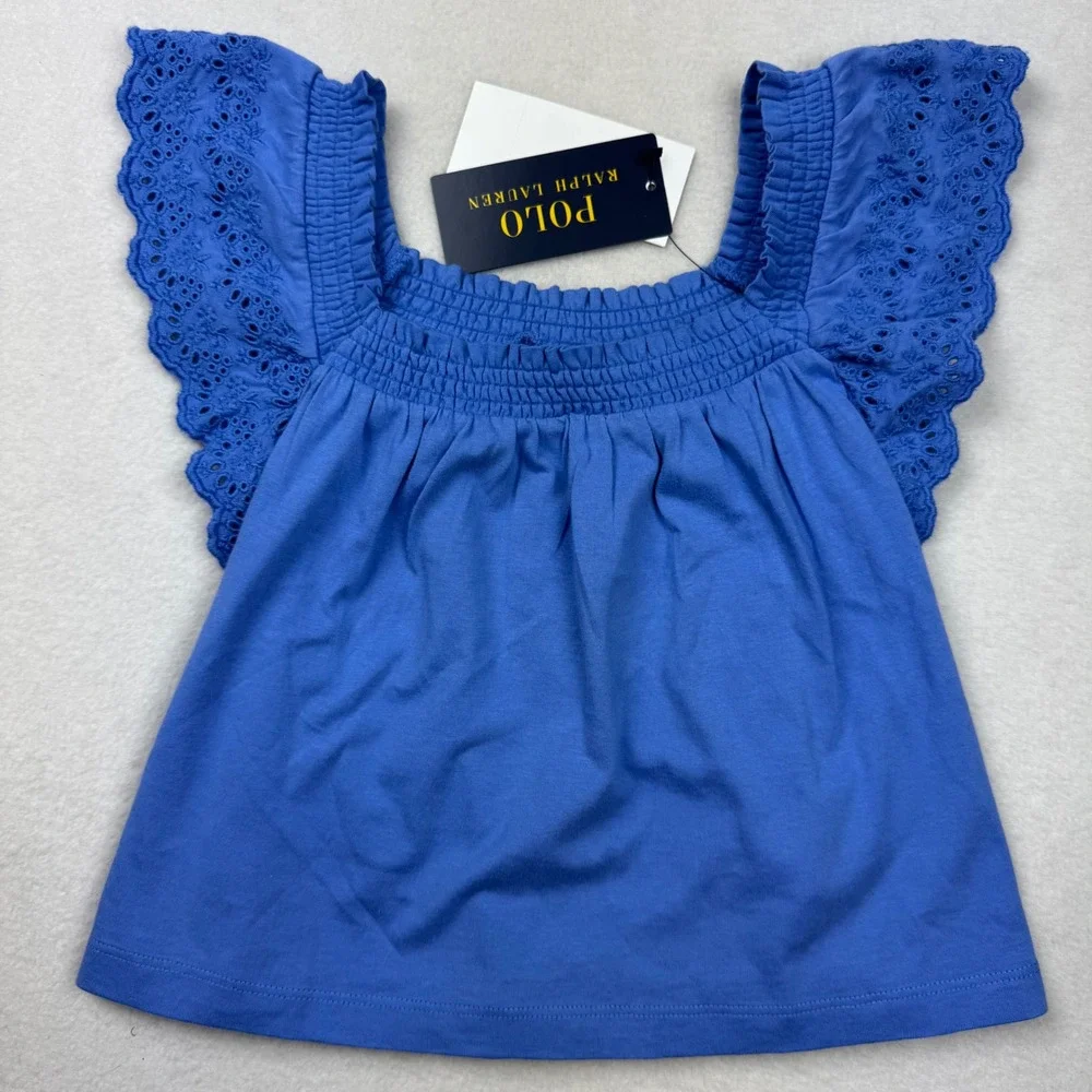 Polo Ralph Lauren Girls Top Size 4 Blue Eyelet Flutter Sleeve Square Neck